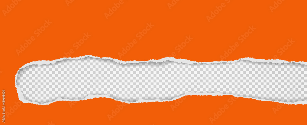 Aufkleber oblong hole composition in orange paper with torn edges and soft shadow is on white squared backgrou