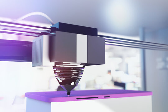 Closeup of a 3D printer printing a mobile phone case. Tinted 3D render on the development of new technologies. Research and development.