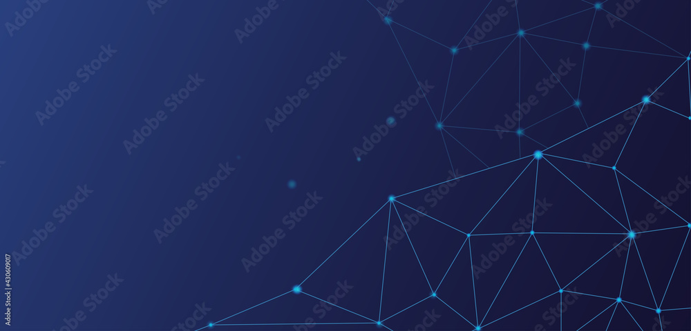 Poster abstract background. dots and glowing lines on blue gradient. technology and ai concept with moving 