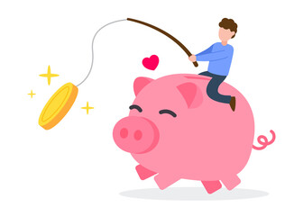 Man ride on a big pink piggy bank and hold a fishing rod with a golden coin. Creative concept idea of saving money. Simple trendy cute vector character illustration. Modern cartoon flat style graphic.