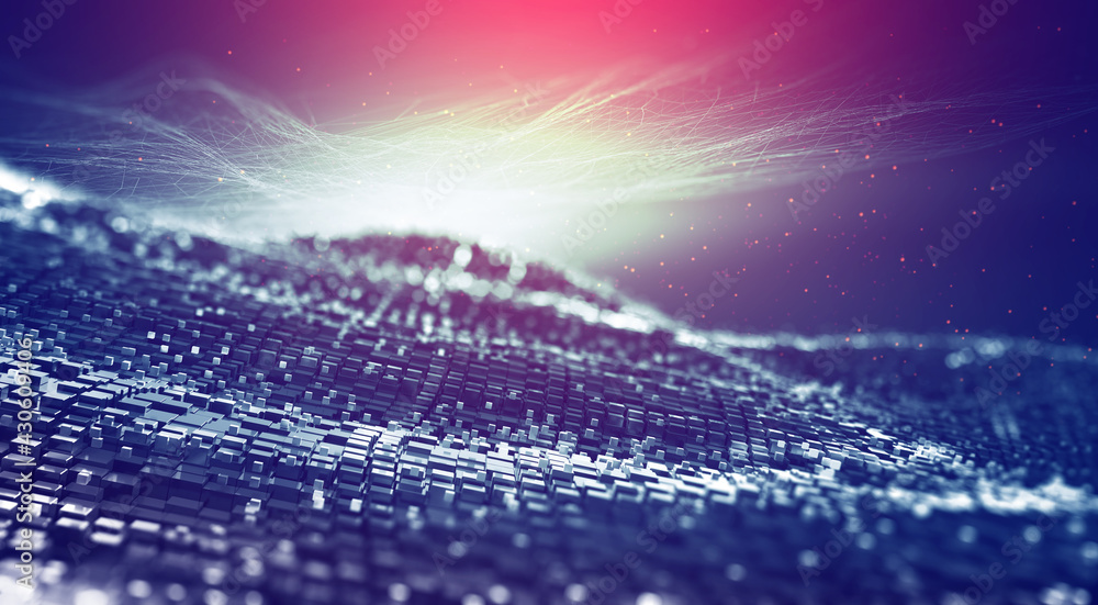 Poster Cyber field. Blockchain, high-tech background and information clusters. Bigdata concept of digital cyberspace. Quantum Architecture 3D Illustration