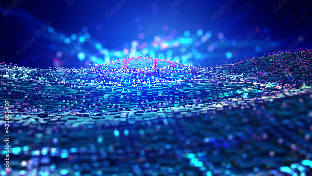 Poster Cyber field. Blockchain, high-tech background and information clusters. Bigdata concept of digital cyberspace. Quantum Architecture 3D Illustration