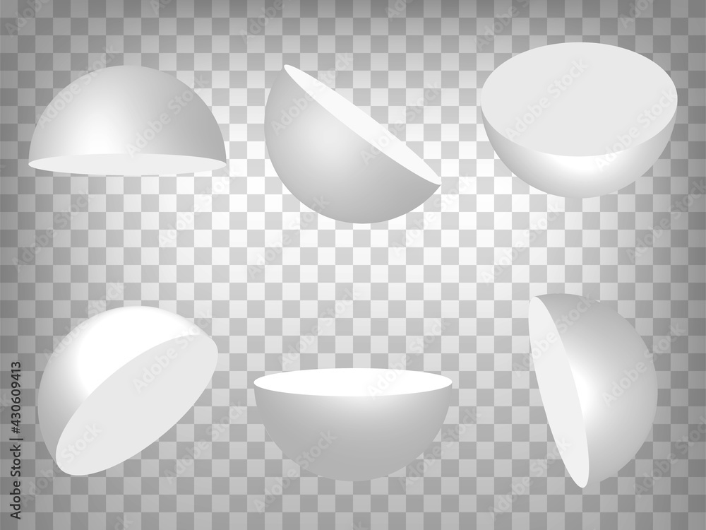 Poster set of perspective projections 3d hemisphere model icons on transparent background. 3d hemispheres. 