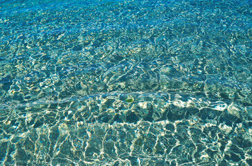 Background of underwater. Rippled blurred texture of water. Blue water surface.