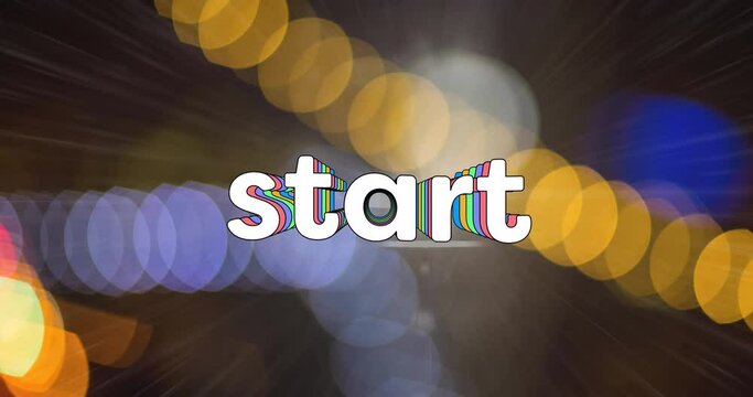 Animation of start text in rainbow coloured letters over yellow, purple and blue spots
