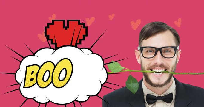 Animation of smiling man with rose in his teeth, boom text on speech bubble on pink background