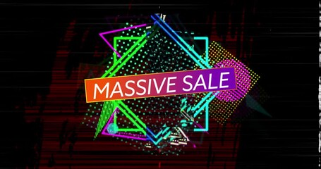 Animation of massive sale text over purple banner on vibrant shapes on red flickering background - Powered by Adobe