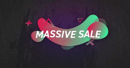 Animation of massive sale text in white over green to red shapes on grey flickering background - Powered by Adobe