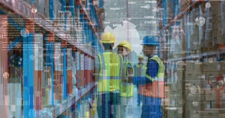 Financial and statistical data processing against team of workers checking stocks at warehouse - Powered by Adobe