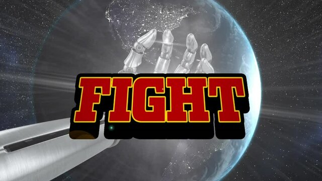 Animation of fight text in red letters over robot's hand and globe