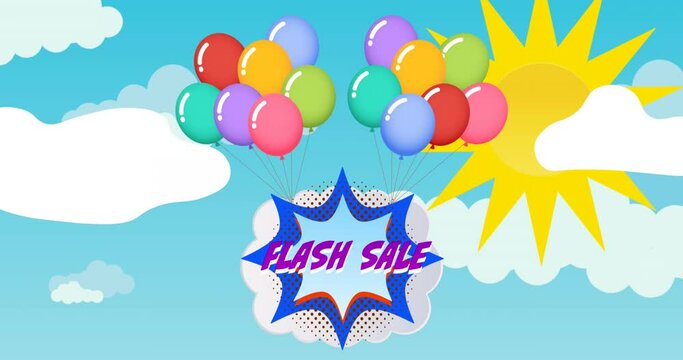 Animation of flash sale text in purple over retro speech bubble with balloons over sun on sky