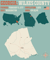 Large and detailed map of Wilkes county in Georgia, USA. © malachy120