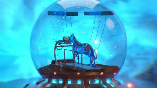 Abstract fantastic fluid horse trains on a treadmill in a snowball. Unrealistic concept of surrealism and sports. 3d animation of seamless loop