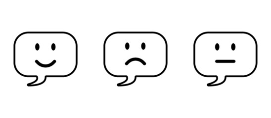 balloon icon with smiley face, speech bubble with emoticon face icon with tick signs for web, app, software use - feedback, rating, satisfaction, customer service concept