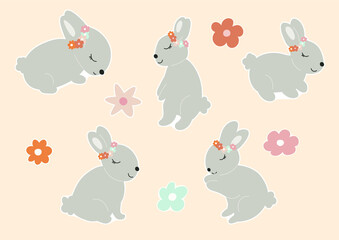 Sticker Pack with Grey Baby Bunnies with a floral wreath on head. Little Sleep Rabbit. Cute Easter Animal. Hares Vector Spring illustration isolated on background. Design for print, book, kids story.