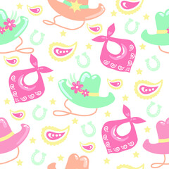 Cowboy Seamless pattern with western cowgirl elements. Wild West cowboy hats and horseshoes. Vector women tender style color background