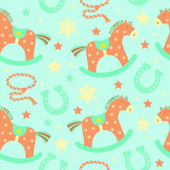 Seamless pattern baby cowboy with western decorative elements. Wild West birthday cowboy hat and horse toy for background. Vector baby style tender colors