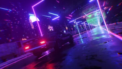 Car and city in neon cyberpunk style. 80s retrowave background 3d animation. Retro futuristic car drive through neon city. 3d render of seamless loop