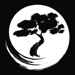 Vector illustration in oriental style. A tree on the background of the moon, drawn by hand with a brush. The concept of traditional Japanese or Chinese painting.