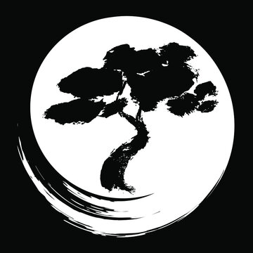 Vector Illustration In Oriental Style. A Tree On The Background Of The Moon, Drawn By Hand With A Brush. The Concept Of Traditional Japanese Or Chinese Painting.