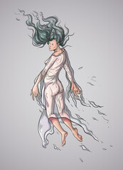 Ghost girl with curly hair levitates in the air. The concept of lightness and airiness. Vector illustration	
