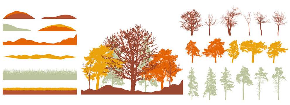 Creation of autumn beautiful park, forest, landscape, woodland, collection of design element. Constructor kit. Silhouettes of bare trees, spruce, pines and etc., grass, hill. Vector illustration.