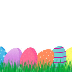Easter banner vector illustration, Colorful Easter eggs on green grass isolated on white background.