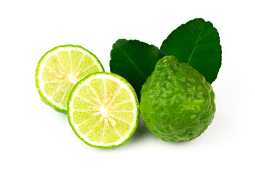 Bergamot fruit and green leaf isolated on white background. 