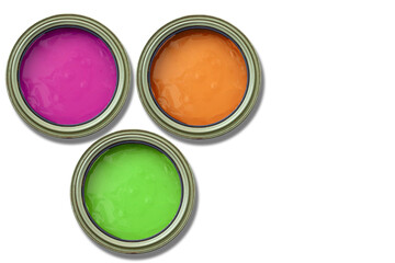 Paint cans, secondary colors, orange, purple and green, on white background.