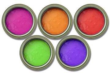 Paint cans, pink, green, blue, red and green, white background. Top view.
