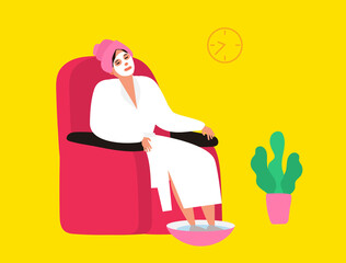 Fototapeta na wymiar woman sitting in armchair soaking fer feet. foot bath relaxing skin care procedure vector illustration