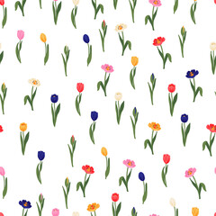 Seamless floral pattern red, yellow, purple, pink tulips and green leaves. Spring flowers background for wrapping, textile, wallpaper, scrapbook, Easter, Happy Mothers, Womens Day. Flat cartoon design