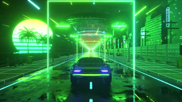 Car and city in neon cyberpunk style. 80s retrowave background 3d animation. Retro futuristic car drive through neon city. 3d render of seamless loop