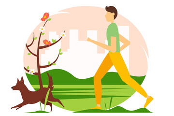 Man running with the dog in the Park. Spring illustration in flat style.