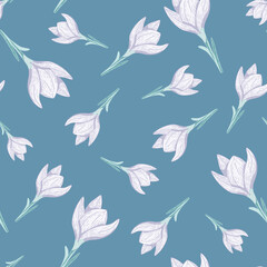 Fototapeta premium Random seamless pattern with simple light crocus flower elements. Turquoise background. Nature artwork.