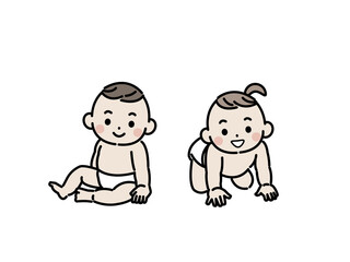 赤ちゃん　男の子と女の子　お座り　ハイハイ　双子　イラスト素材