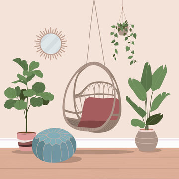 Rattan swing chair with plants. Cozy home interior.  Vector flat cartoon illustration