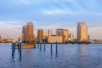 Beautiful landscape of architecture of famous modern Toyosu district Tokyo, Japan with Sumida river, travel background