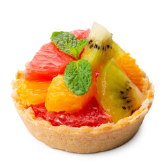 fresh grapefruit, orange, kiwi, decorated with a mint leaf in waffle cone bowl isolated on white background