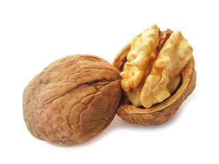 Walnut kernel with shell. Walnut isolated on white background.