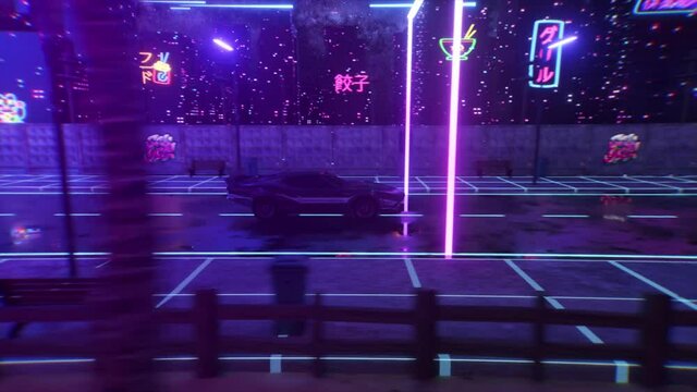 Car and city in neon cyberpunk style. 80s retrowave background 3d animation. Retro futuristic car drive through neon city. 3d render of seamless loop