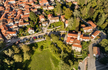 Aerial view of little Italian ancient village Castello Cabiaglio, situated in province of Varese,...