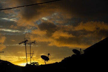 Fototapeta na wymiar Silohuettes of satelite dish and tv antenna during sunrise in a suburb neighbourhood
