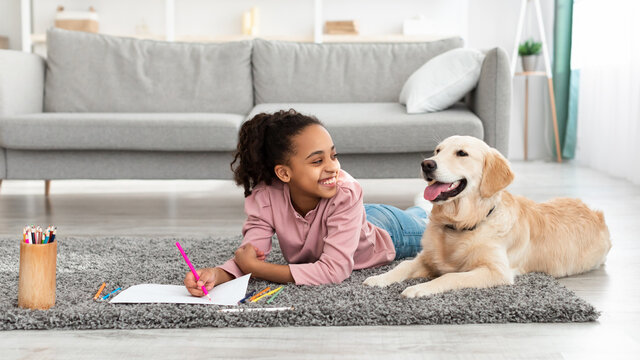 Young afro girl drawing with dog at home