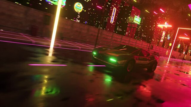 Car and city in neon cyberpunk style. 80s retrowave background 3d animation. Retro futuristic car drive through neon city. 3d render of seamless loop