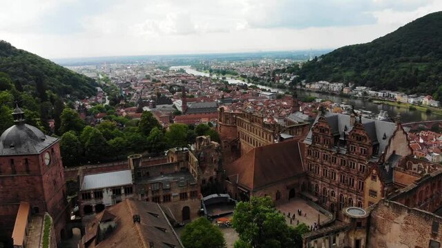 Aerial View of Heidelberger Schloss castle with city center in background, Heidelberg, Baden-W&uuml;rttemberg, Germany.
