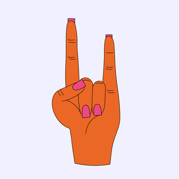 recommend clip art: palm in rock music gesture. heavy metal 60s and 70s.Hippie ethnic hand sticker.Punk manicure.Funky and Groove Music Festival.Isolated poster element. Female fingers.cocky gesture of the guitarist