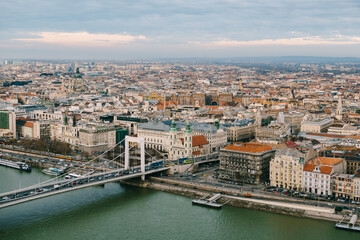 Aerial view of beautiful buildings and Elisabeth Bridge in Budapest