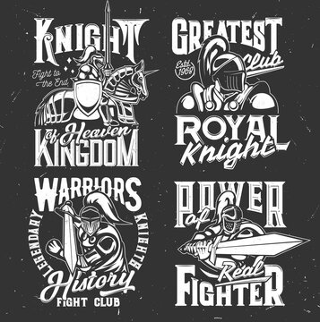 Knight in helmet, warrior with shield armor and sword, vector Medieval Spartan on horse. Fight club badge emblem of crusader fighter, Gladiator soldiers and royal kingdom icons or t-shirt prints