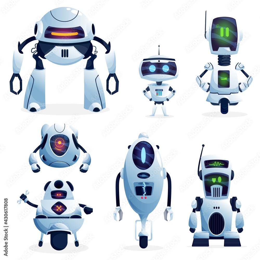 Poster cartoon robots, vector cyborg characters, toys or bots, artificial intelligence technology. friendly